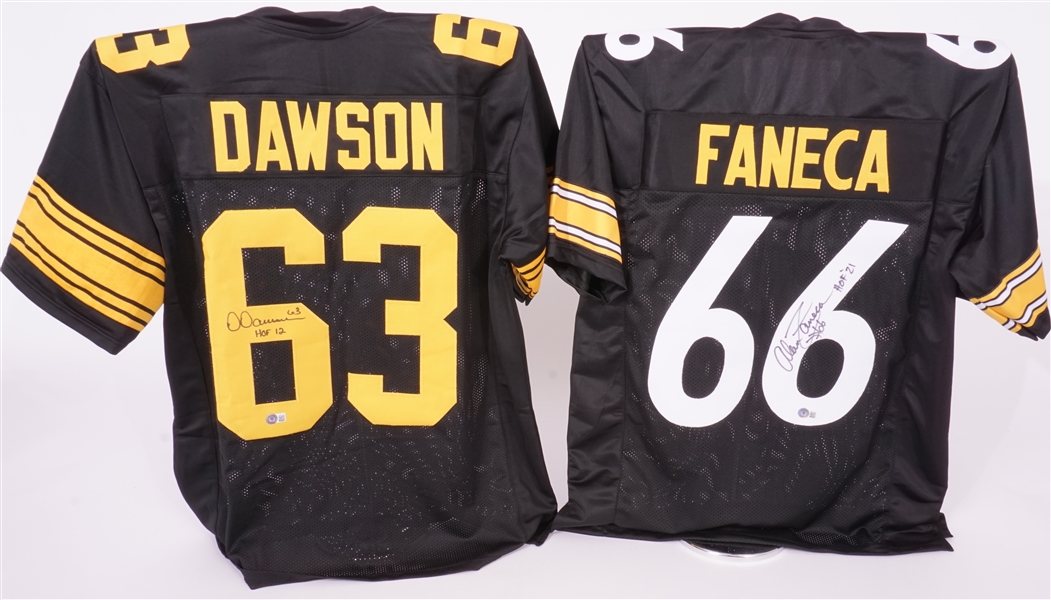Lot of 2 Dermontti Dawson & Alan Faneca Autographed Pittsburgh Steelers Replica Jerseys Beckett