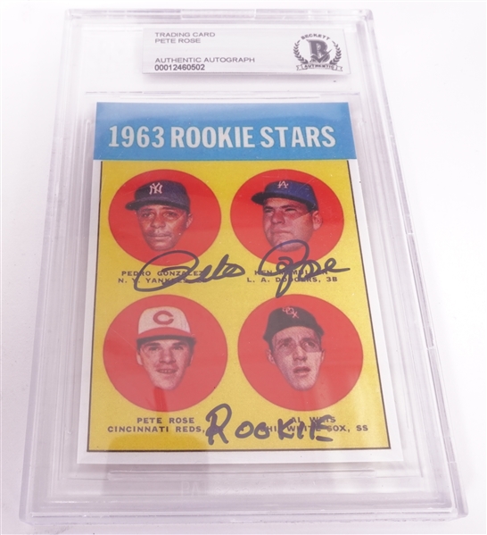 Pete Rose Autographed & Inscribed Beckett Rookie Reprint Baseball Card