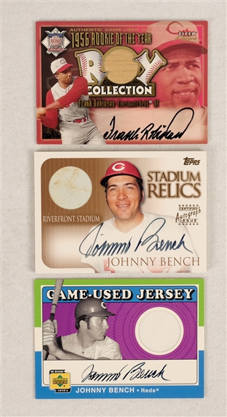 Cincinnati Reds Game Used & Autographed Cards w/ Johnny Bench & Frank Robinson