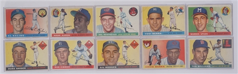Collection of 10 1955 Topps Baseball Cards w/ Hank Aaron & Ted Williams
