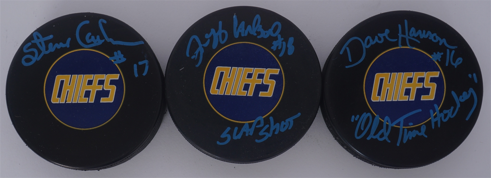 Lot of 3 "Slap Shot" Autographed Hockey Pucks Beckett