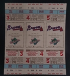 1991 Atlanta Braves World Series Uncut & Unused Full Ticket Sheet