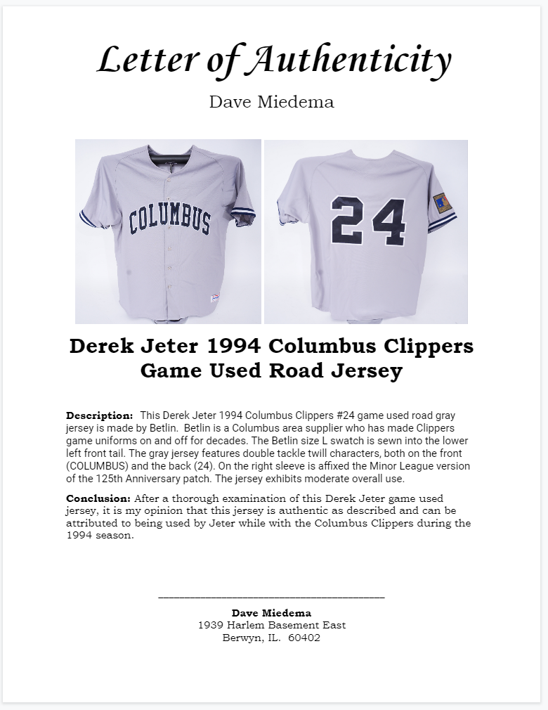 Lot Detail - Derek Jeter 1994 Columbus Clippers Game Used Road Jersey w/  Dave Miedema LOA