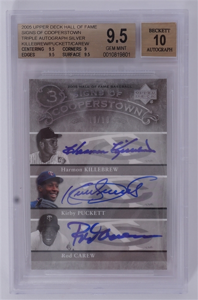 2005 Upper Deck HOF Signs Of Cooperstown Triple Autograph Silver LE #10/10 w/ Puckett, Killebrew, & Carew BGS 9.5