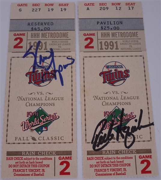 Lot of 2 Rick Aguilera & Kevin Tapani Autographed 1991 Minnesota Twins World Series Ticket Stubs Beckett