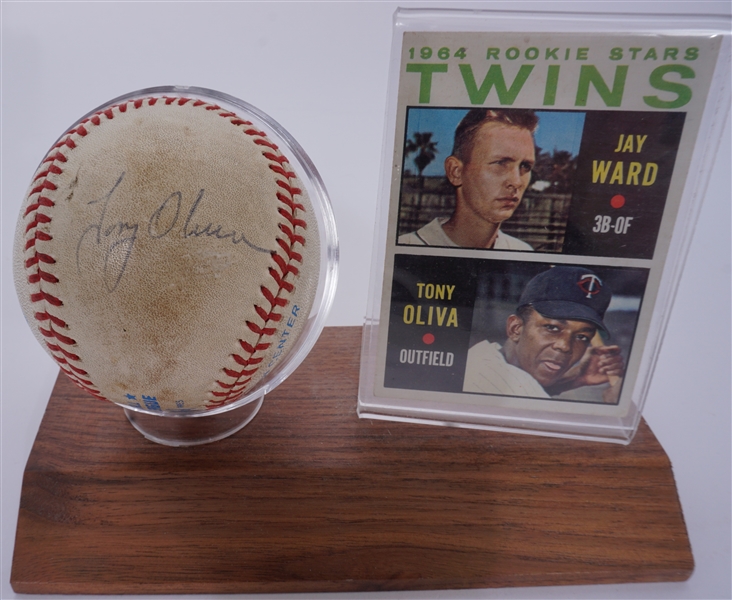 Tony Oliva Game Used & Autographed Baseball & 1964 Twins Rookie Stars Card Beckett