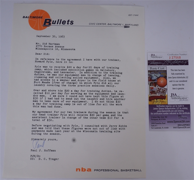 Paul Hoffman Signed Baltimore Bullets Letter to Sid Hartman JSA