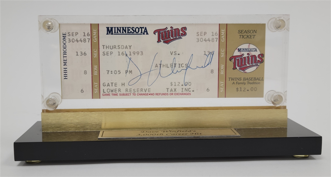 Dave Winfield Autographed Authentic 3,000th Hit Ticket Display