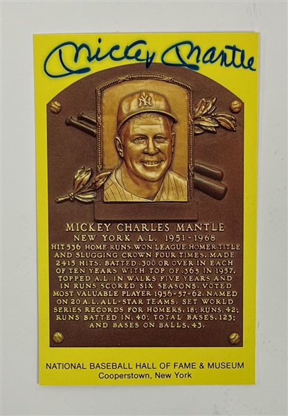 Mickey Mantle Autographed Hall of Fame Plaque Postcard Beckett LOA
