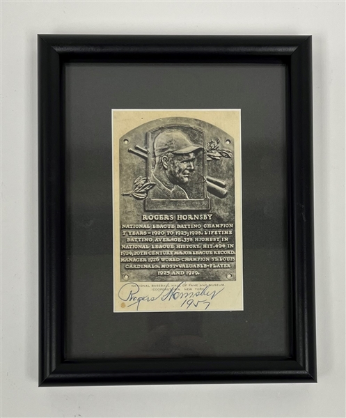 Rogers Hornsby Twice Signed & Framed Hall of Fame Plaque Postcard Beckett LOA
