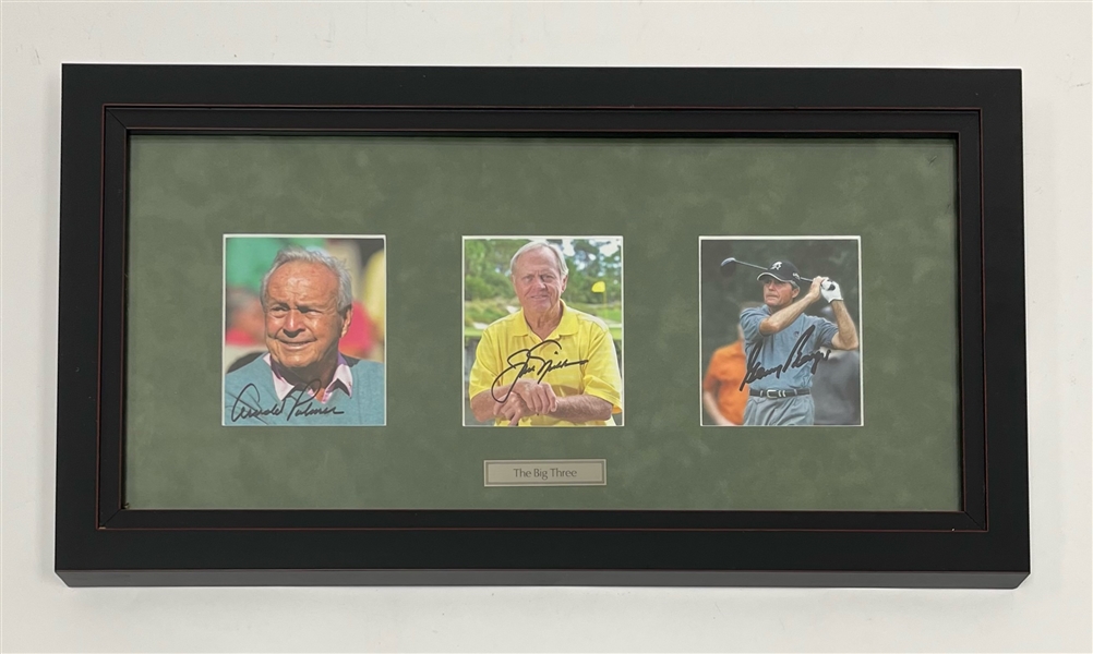 Arnold Palmer, Jack Nicklaus, & Gary Player Autographed & Framed 12x22 Display w/ Beckett LOA