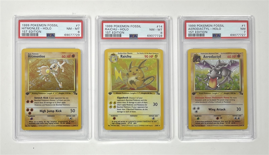 Lot of 3 1999 Hitmonlee, Raichu, & Aerodactyl Rare Holo PSA Graded Pokemon Cards