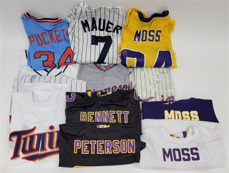 Collection of Minnesota Twins & Vikings Jerseys w/ Puckett, Mauer, Moss