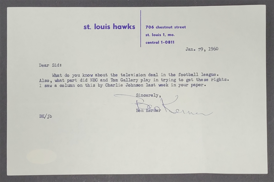 Ben Kerner Signed St. Louis Hawks Letter to Sid Hartman JSA