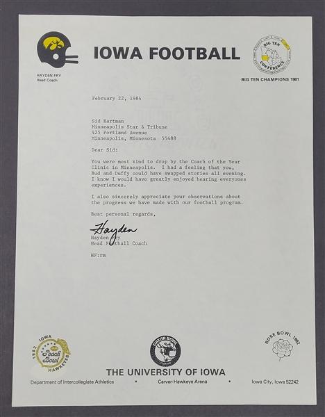 Hayden Fry Iowa Hawkeyes Signed Letter to Sid Hartman JSA