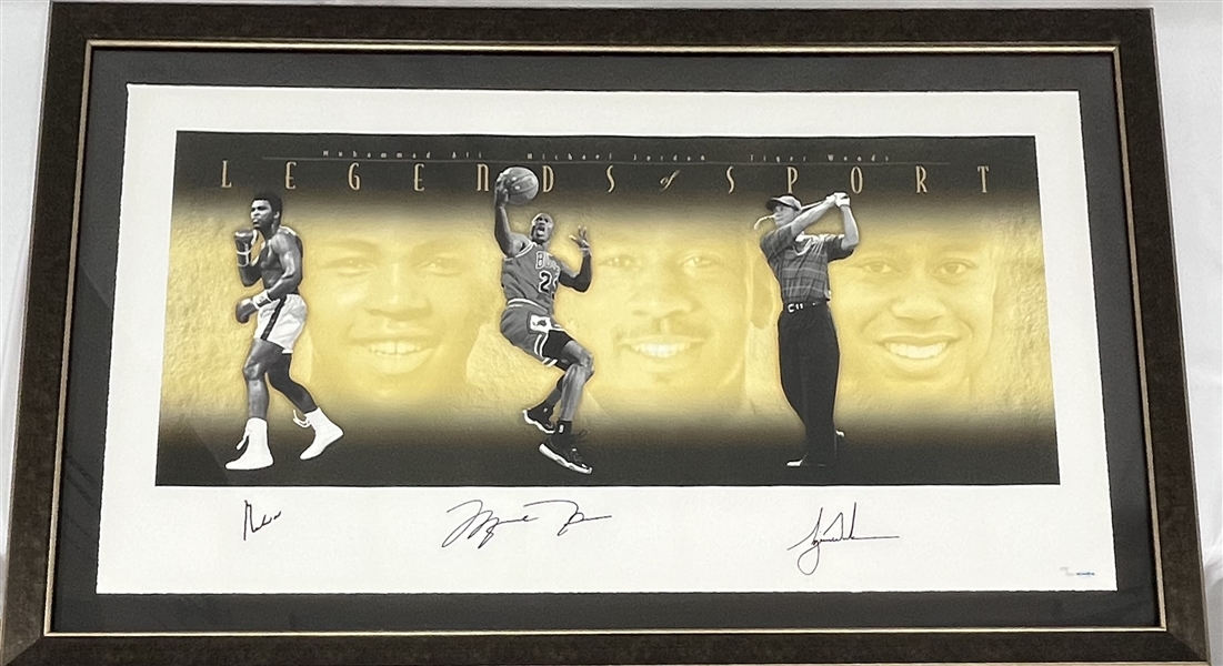Muhammad Ali, Michael Jordan, & Tiger Woods Autographed Legends of Sport Framed 34x57 Display LE #159/500 UDA