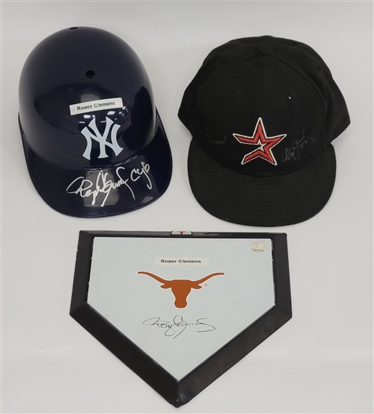 Roger Clemens Autographed Replica Batting Helmet, Hat, & Mini Home Plate