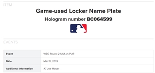 Joe Mauer Framed 2013 WBC Game Used Locker Room Nameplate MLB