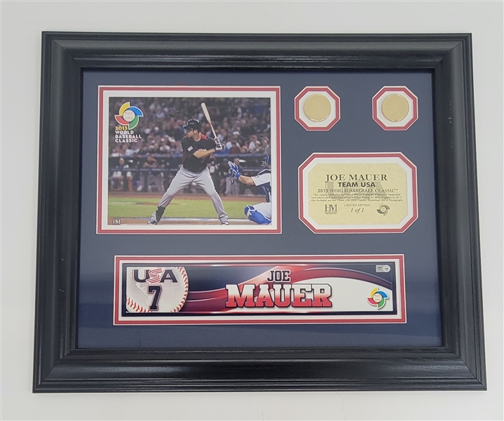Joe Mauer Framed 2013 WBC Game Used Locker Room Nameplate MLB