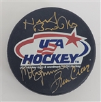 Herb Brooks, Jim Craig, & Mike Eruzione Autographed USA Hockey Puck w/ Beckett LOA