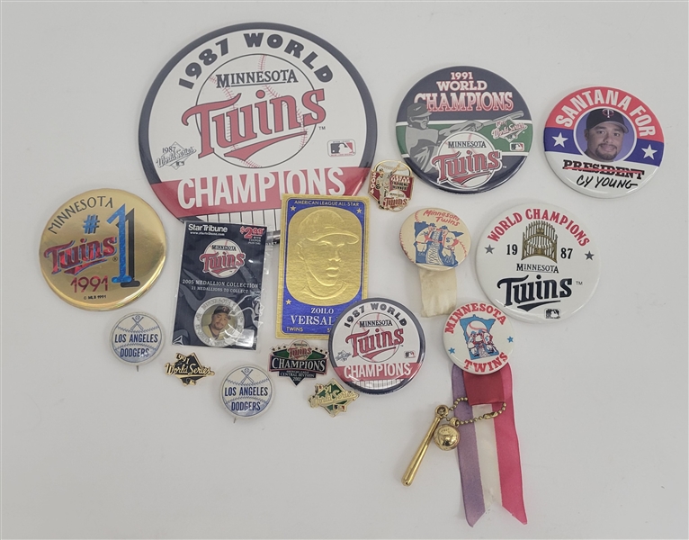 Collection of Minnesota Twins & Los Angeles Dodgers Pins + Zoilo Versalles All-Star Card