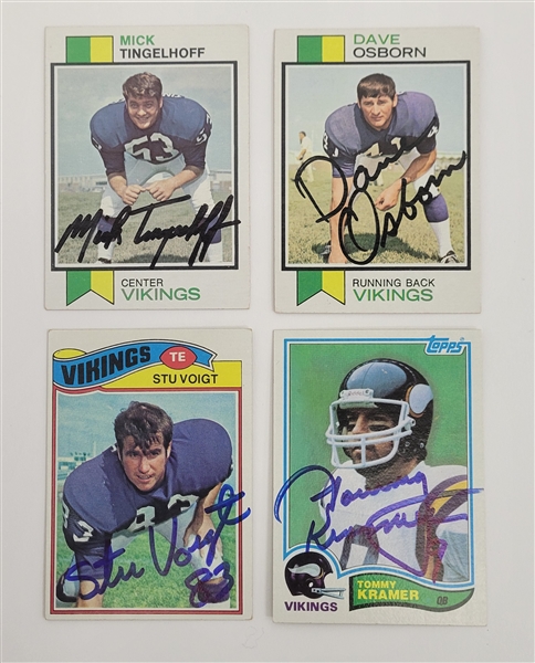 Lot of 4 Mick Tingelhoff, Tommy Kramer, Dave Osborn, & Stu Voigt Autographed Topps Cards