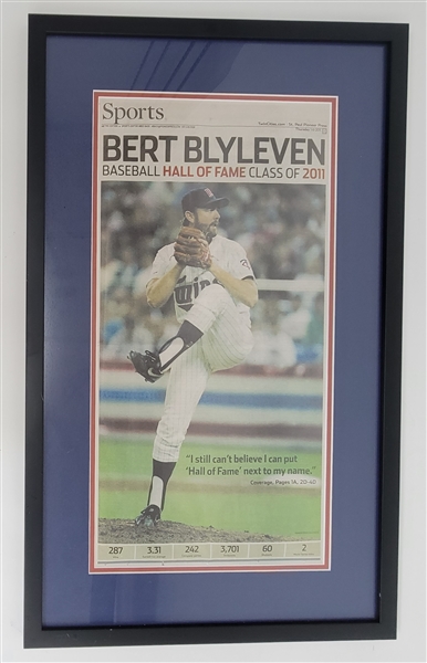 Bert Blyleven Framed Pioneer Press Front Page Sports - January 6, 2011- Hall of Fame Class of 2011 - Signed - w/Blyleven Signed Letter of Provenance
