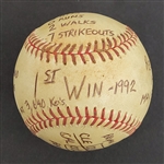 Bert Blyleven 1992 1st Win Final Season - Game Used Stat Baseball - May 30, 1992 - Angels vs Indians - Tied Tom Seaver in Strikeouts w/Blyleven Signed Letter of Provenance
