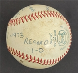 Bert Blyleven 1st Win of 1973 Season - Game Used Final Out Stat Baseball - April 6, 1973 - Twins vs Athletics - w/Blyleven Signed Letter of Provenance