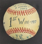 Bert Blyleven 1st Win of the 1987 Season Game Used Stat Baseball - April 12, 1987 - Twins vs Mariners - w/Blyleven Signed Letter of Provenance