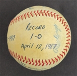 Bert Blyleven 1st Win of the 1987 Season Game Used Stat Baseball - April 12, 1987 - Twins vs Mariners - w/Blyleven Signed Letter of Provenance