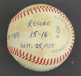 Bert Blyleven 15th Win 1985 Season Passed Don Drysdale and Vida Blue All Time Win List Game Used Final Out Stat Baseball w/Blyleven Signed Letter of Provenance