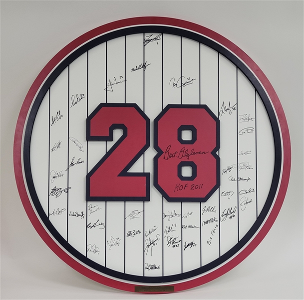 Bert Blyleven Jersey Number 28 Retirement Presentation Plaque 36x36” Autographed by the 2011 Minnesota Twins Photo Matched w/Blyleven Signed Letter of Provenance
