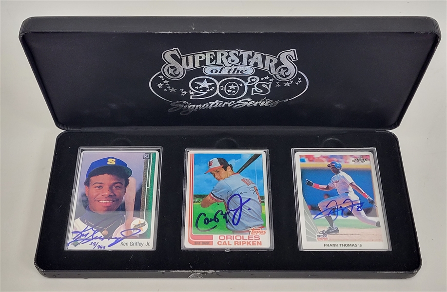 Ken Griffey Jr., Cal Ripken Jr., & Frank Thomas Superstars of the 90s Autographed Porcelain Card Set LE #34/999