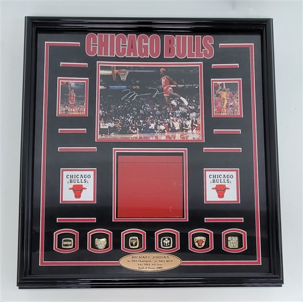Michael Jordan Autographed & Framed 8x10 Photo & Game Used Floor Display UDA