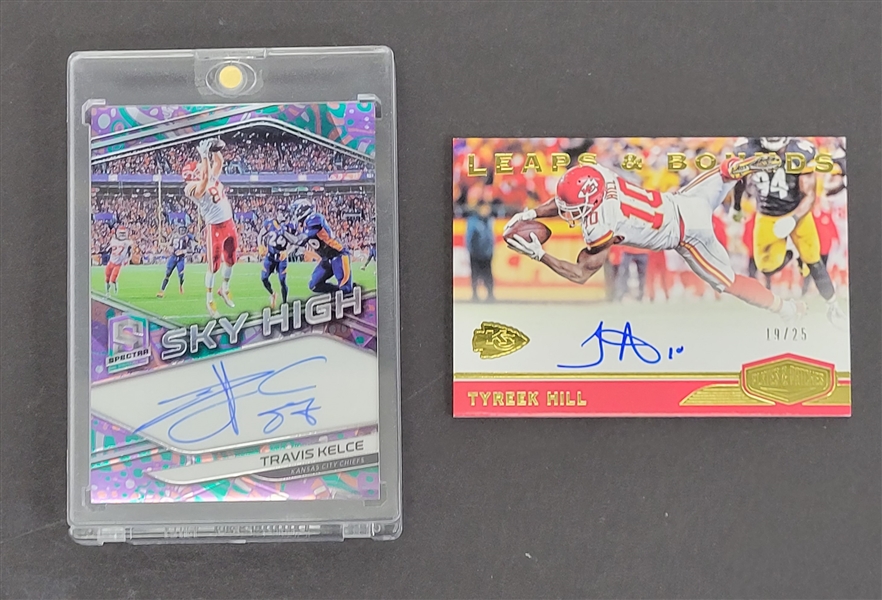 Travis Kelce 2019 Spectra Sky High Purple Autographed Card & Tyreek Hill 2018 Plates & Patches Autographed Card
