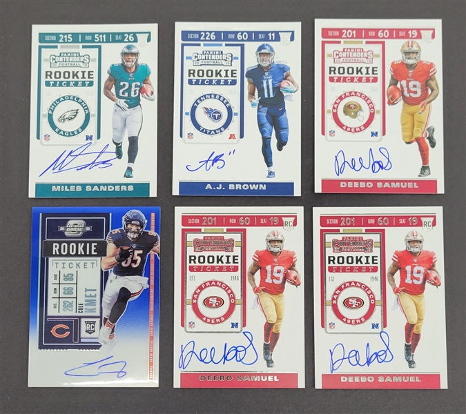 Lot of 6 Miles Sanders, Deebo Samuel, AJ Brown, & Cole Kmet Autographed Rookie Ticket Cards