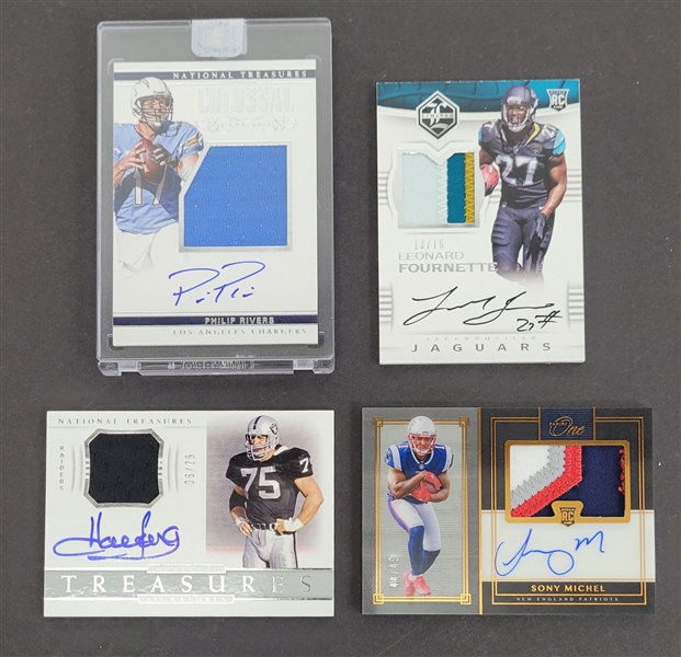 Lot of 4 Philip Rivers, Howie Long, Sony Michel, & Leonard Fournette Autographed Patch Cards