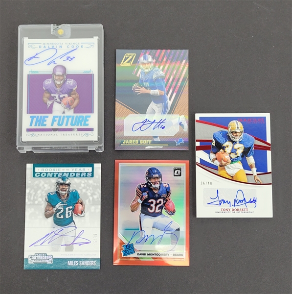 Lot of 5 Tony Dorsett, Dalvin Cook, Jared Goff, Miles Sanders, & David Montgomery Autographed Cards