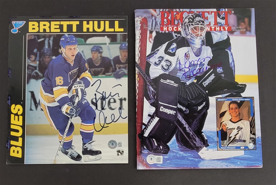 Brett Hull Autographed 8x10 Photo & Manon Rheaume Autographed Magazine Beckett