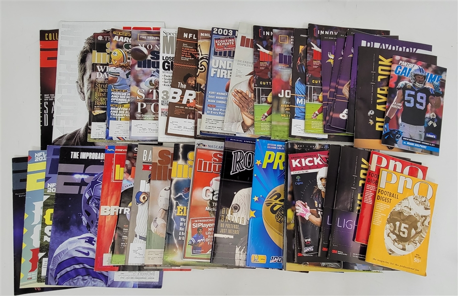 Lot of 41 Football & Baseball Magazines Including ESPN, Sports Illustrated, & Vikings Playbooks