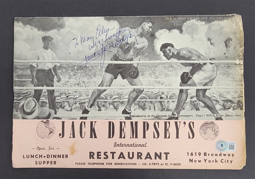 Jack Dempsey Autographed Restaurant Menu w/ Beckett LOA