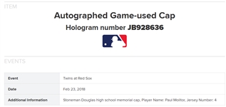 Paul Molitor 2018 Game Used & Autographed Stoneman Douglas Memorial Hat MLB