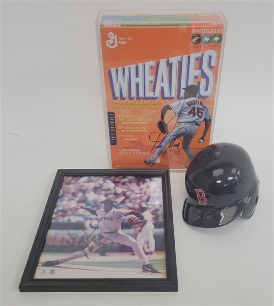 Lot of 3 - Pedro Martinez Autographed Mini Batting Helmet, Wheaties Box, & 8x10 Photo Beckett