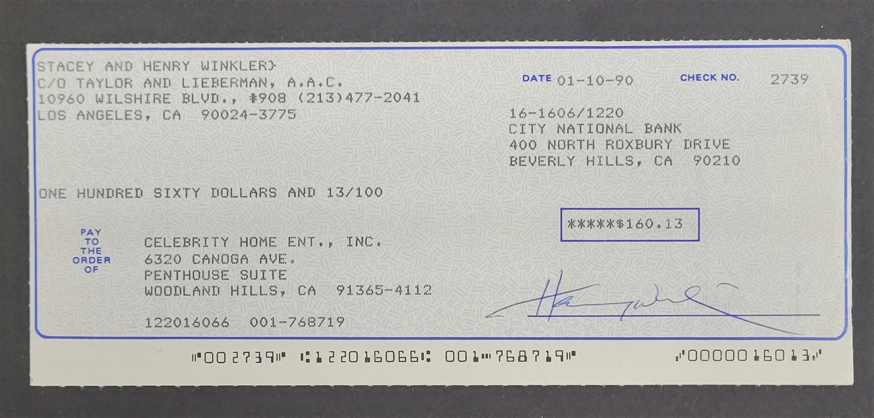 Henry Winkler Signed Check Beckett