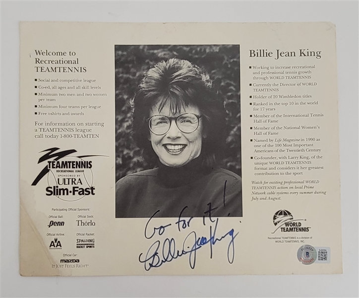 Billie Jean King Autographed & Inscribed 8x10 Photo Beckett