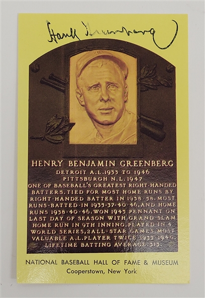 Hank Greenberg Autographed Hall of Fame Plaque Postcard w/ Beckett LOA