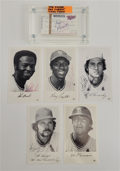 Lot of 5 Baseball Autographed 3x5 Photos & Fay Vincent Autographed Twins Ticket Beckett