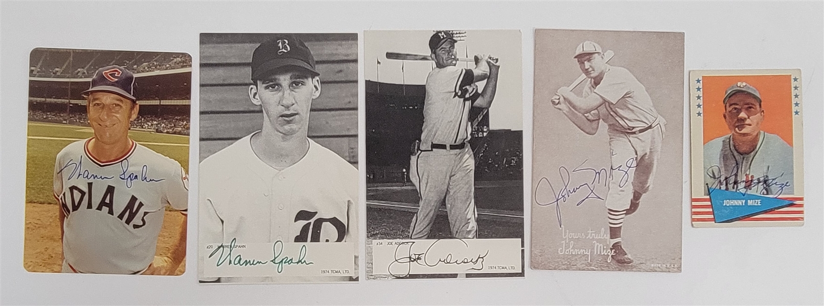 Lot of 5 Johnny Mize, Warren Spahn, & Joe Adcock Autographed 3x6 Photos & 1 Card Beckett