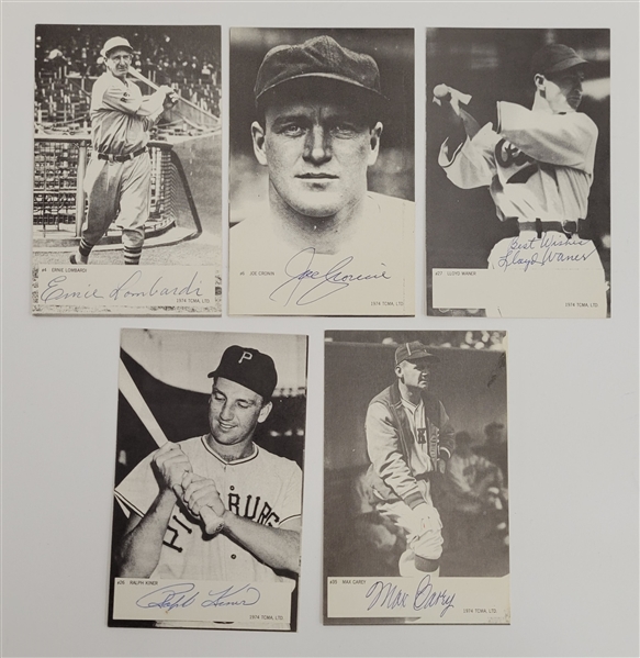 Lot of 5 Ralph Kiner, Max Carey, Lloyd Waner, Joe Cronin, & Ernie Lombardi Autographed 1974 TCMA Postcards Beckett